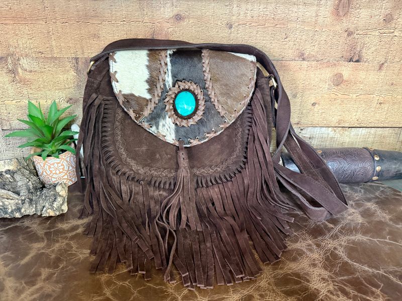 Brown Cowhide Suede Leather Fringe Crossbody Bag