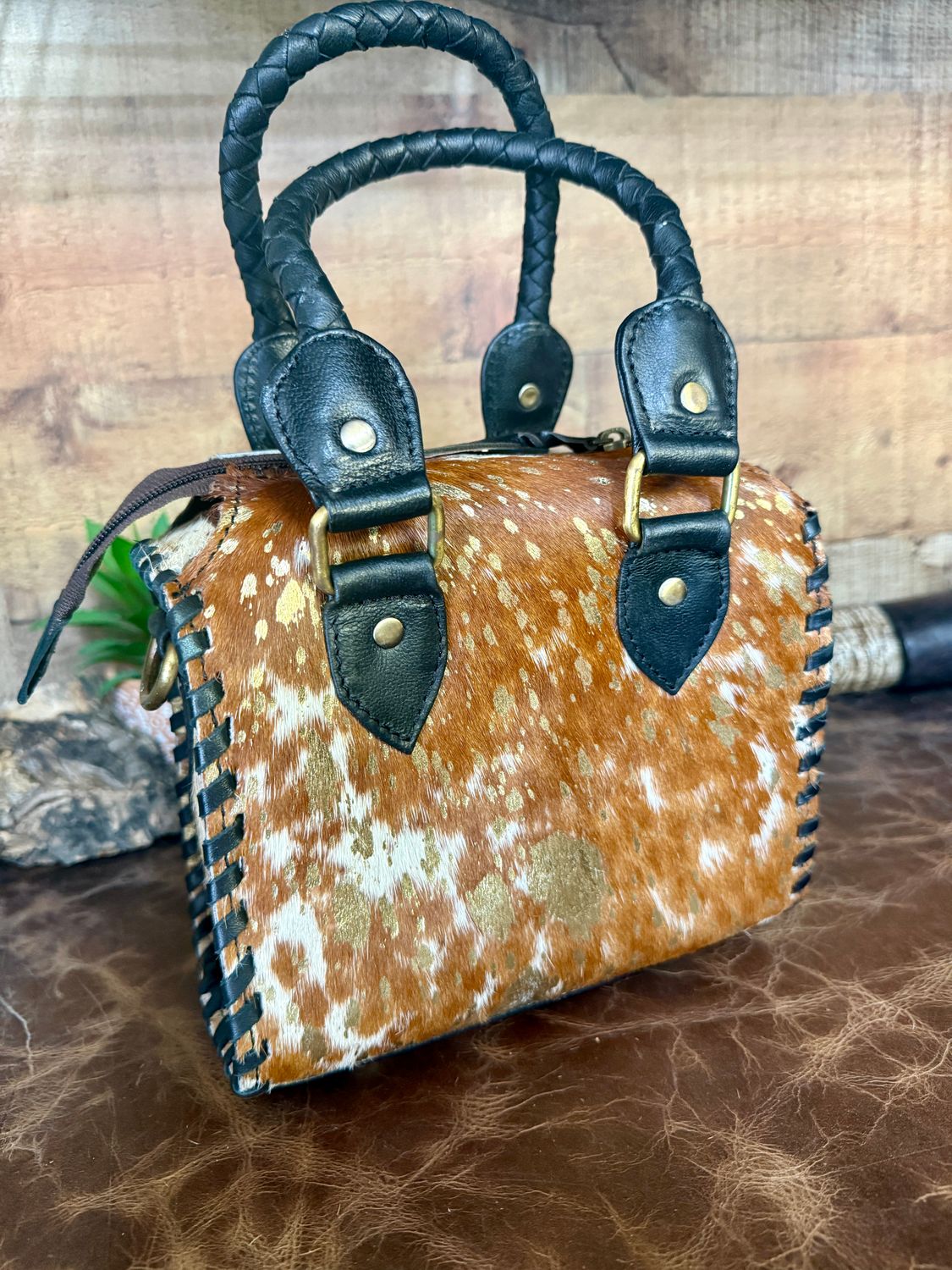 Small Brown Speckled Acid Wash Cowhide Western Speedy Handbag
