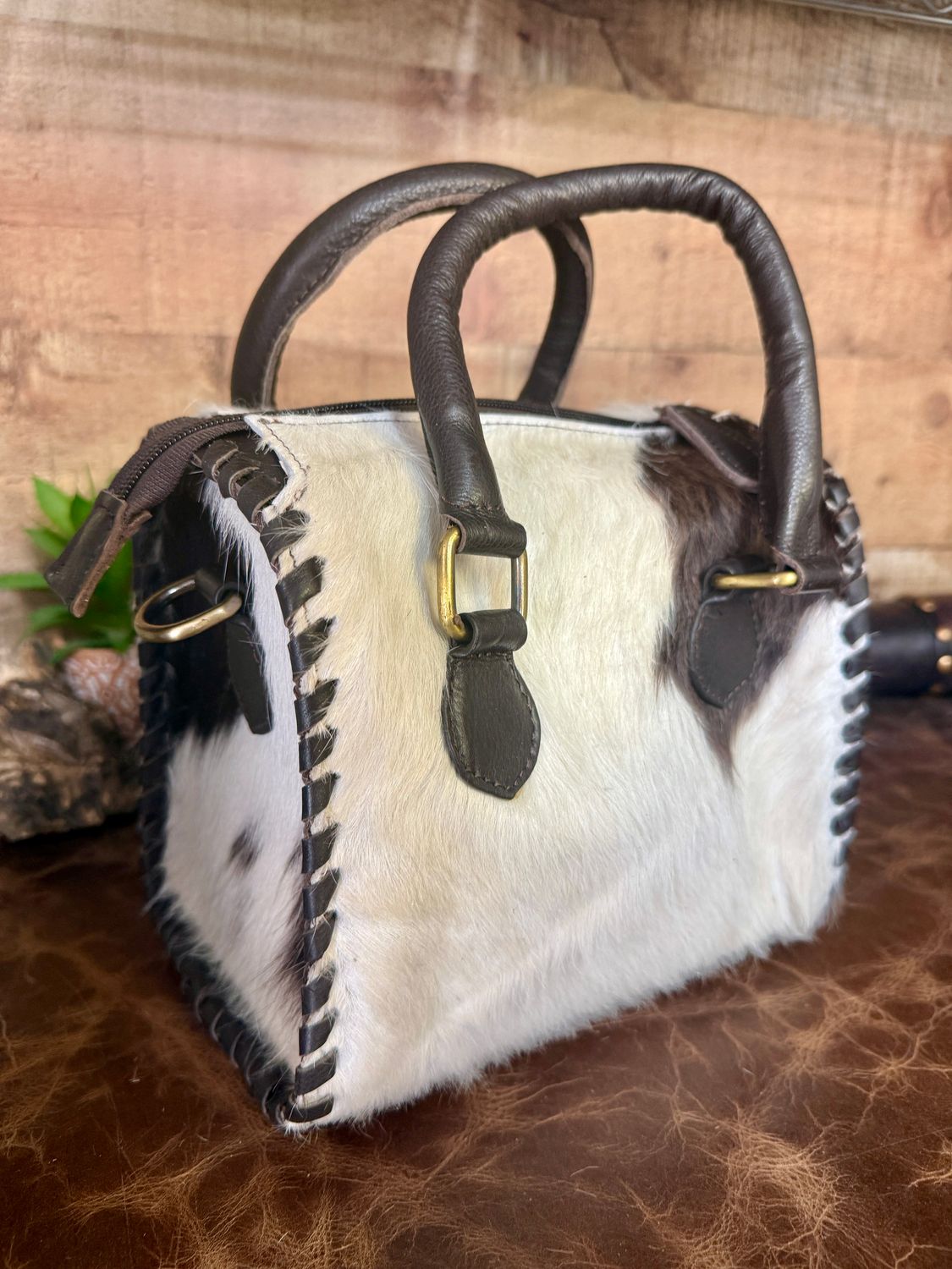 Brown White Cowhide Speedy Small Handbag