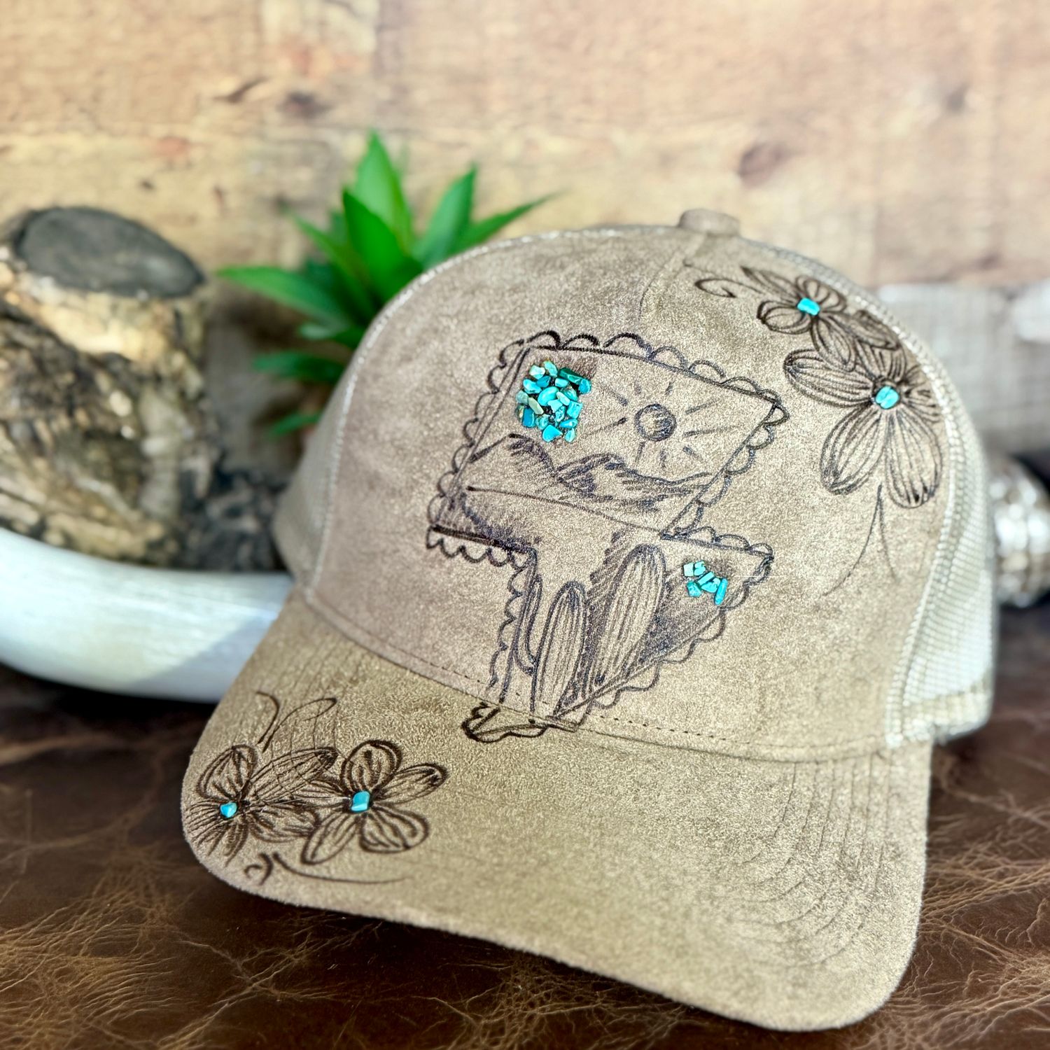 Lightening Turquoise Desert Scene Burned Trucker Hat