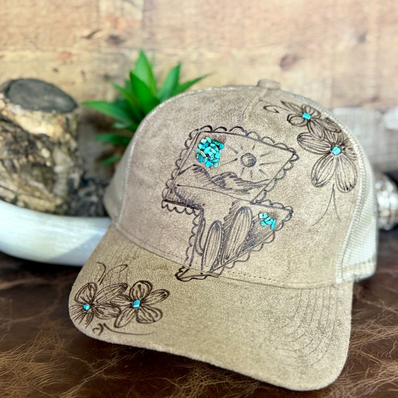 Lightening Turquoise Desert Scene Burned Trucker Hat