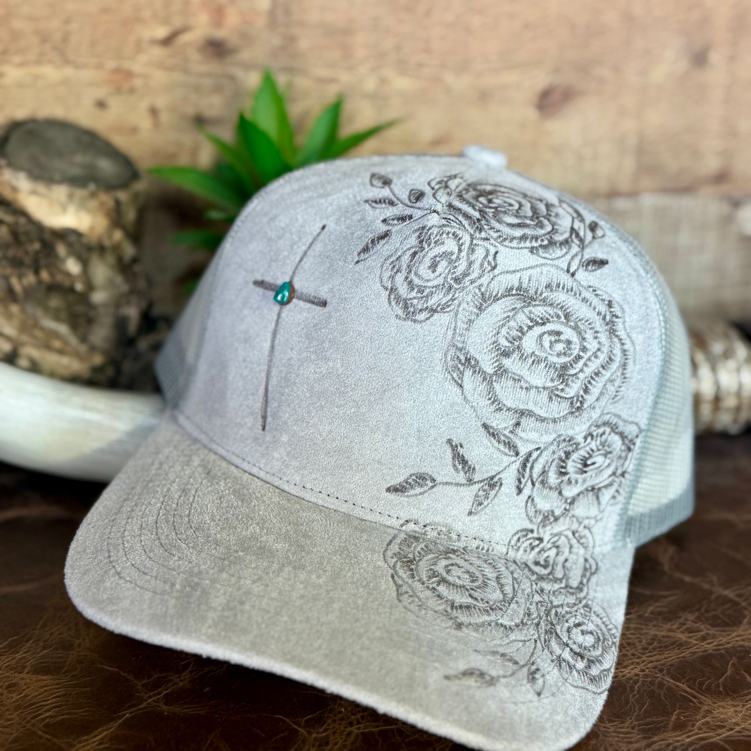 Floral Turquoise Cross Burned Trucker Hat