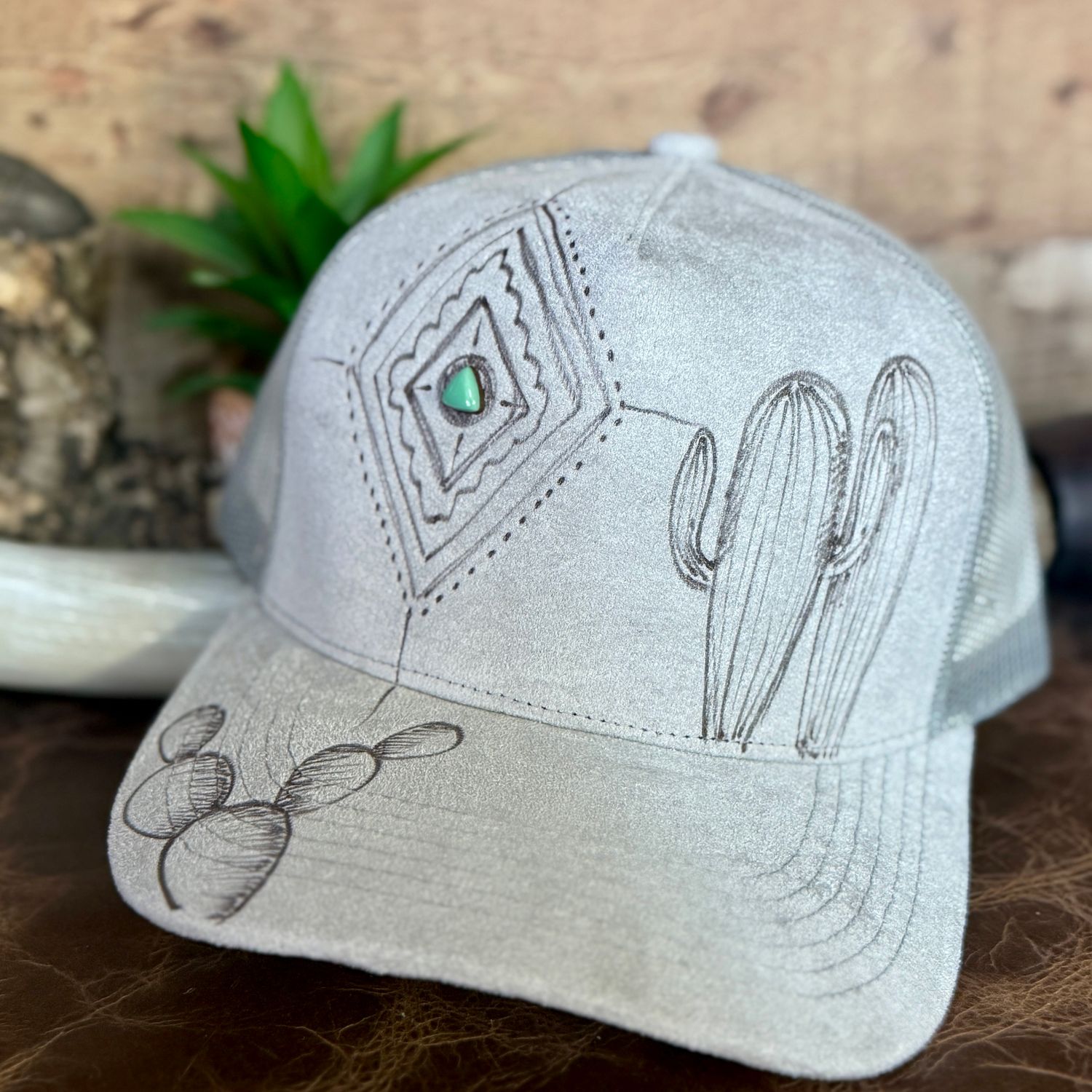 Aztec Diamod Turquoise Cactus Burned Trucker Hat