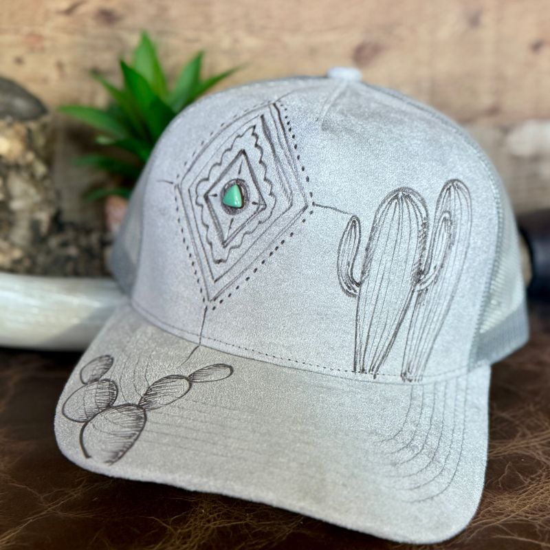 Aztec Diamod Turquoise Cactus Burned Trucker Hat