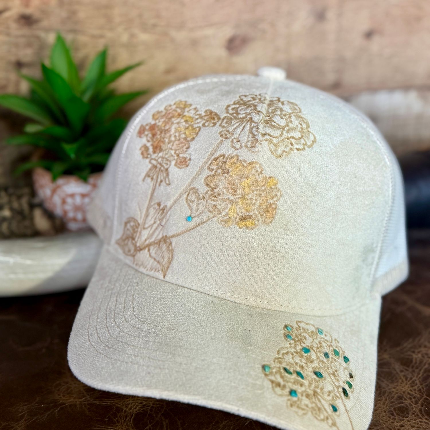 Floral Turquoise Burned Trucker Hat