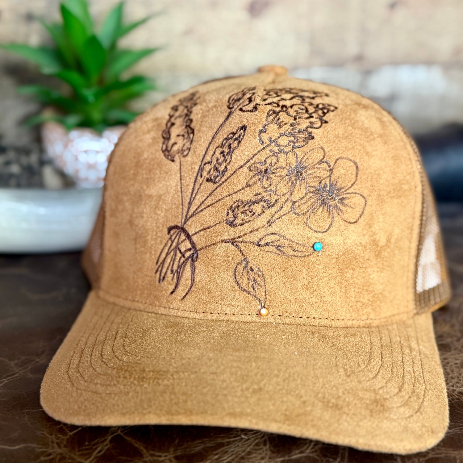 Floral Burned Trucker Hat Turquoise Spiny Accents