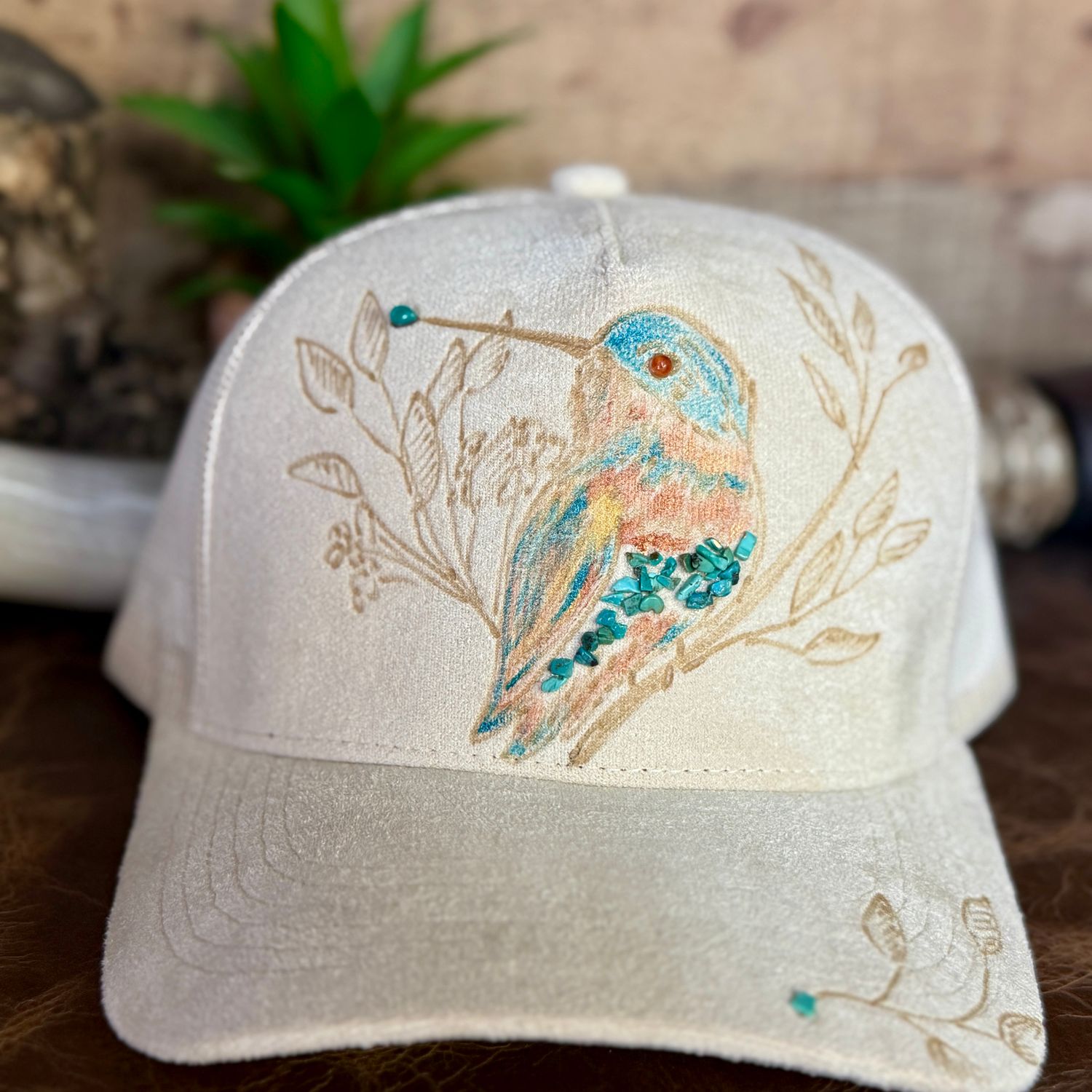 Turquoise Hummingbird Burned Trucker Hat
