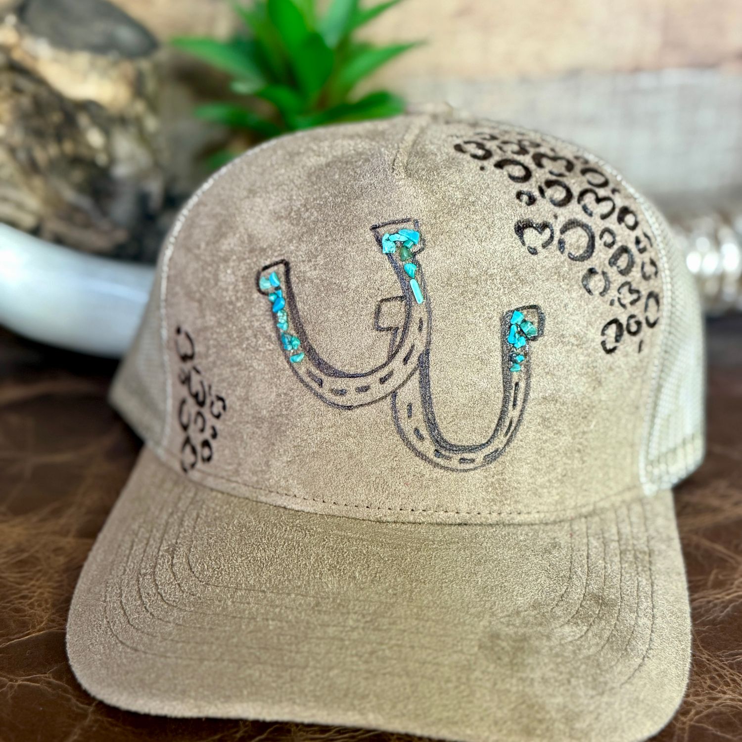 Turquoise Horseshoe Burned Trucker Hat