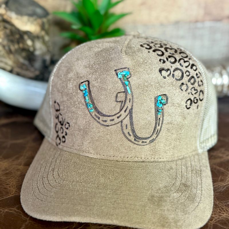 Turquoise Horseshoe Burned Trucker Hat