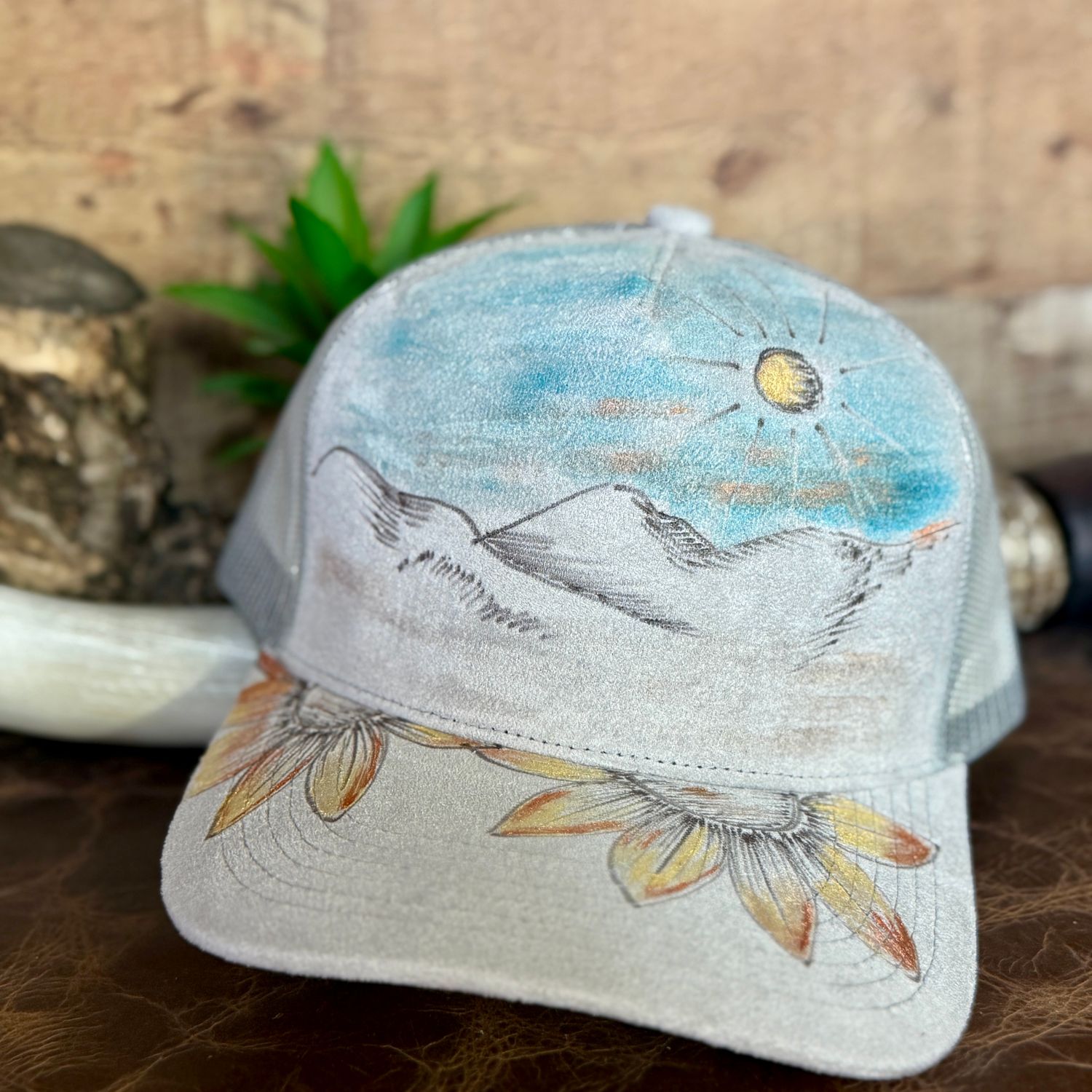 Mountain Sunflower Scene Burned Trucker Hat