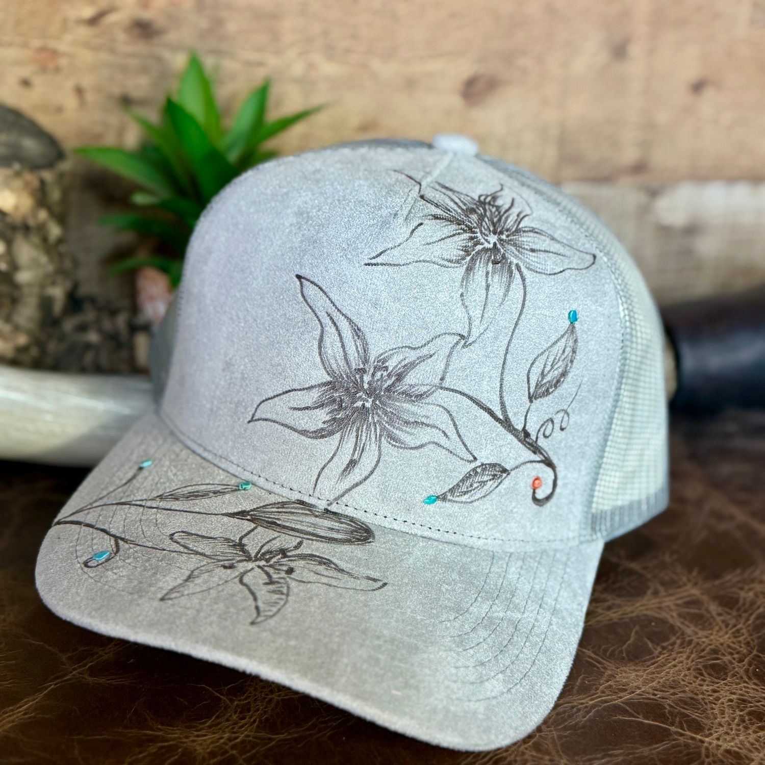 Floral Burned With Turquoise &amp; Spiny Oyster Trucker Hat