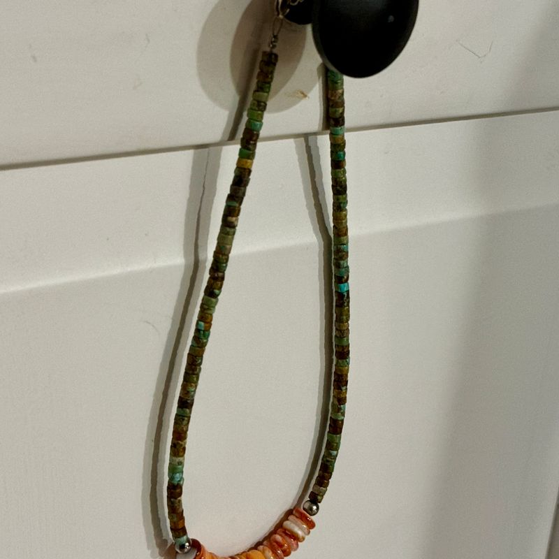 Green Turquoise &amp; Orange Spiny Oyster Bead Necklace