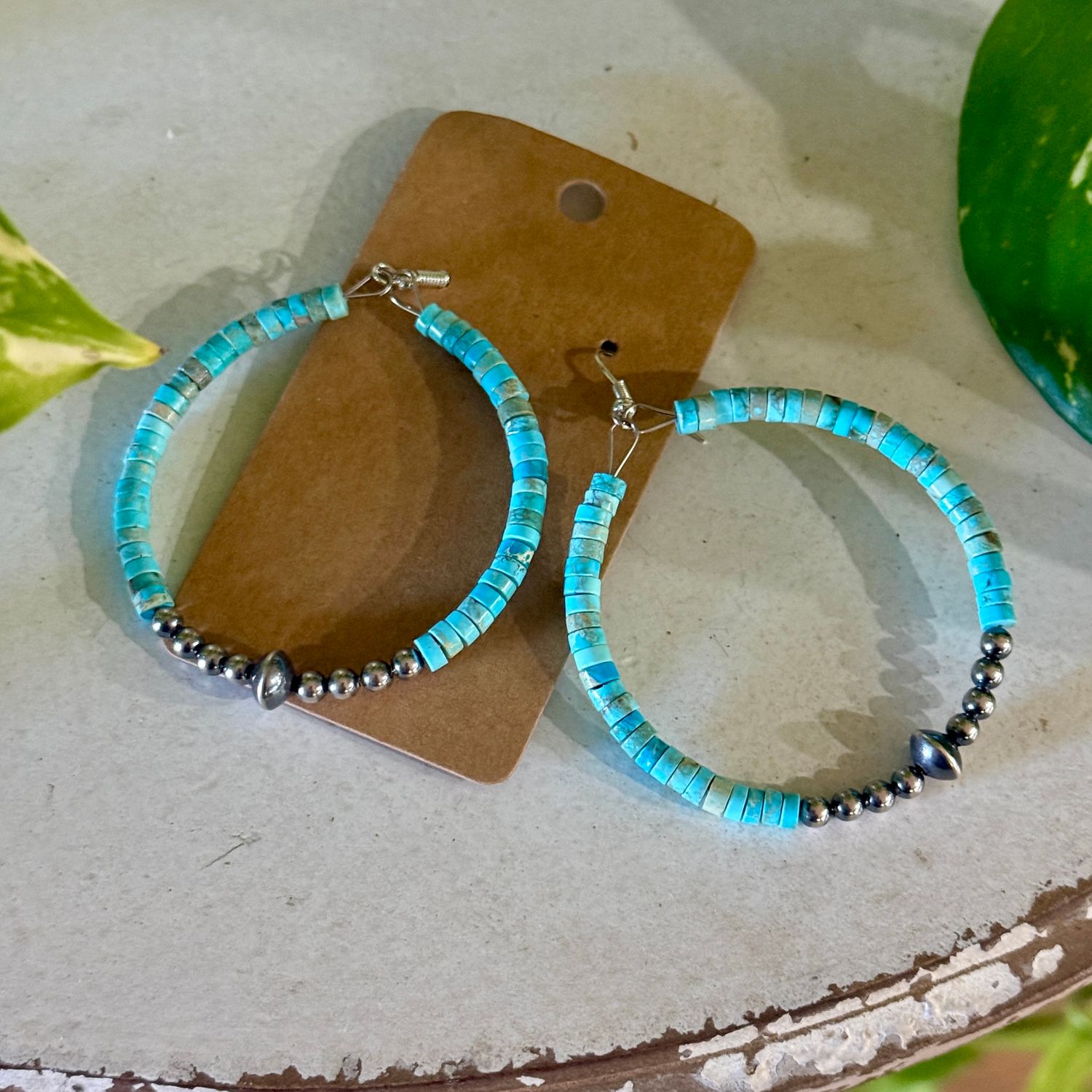 Variscite Turquoise Hoop Earrings with Spiny Oyster &amp; Sterling Pearls