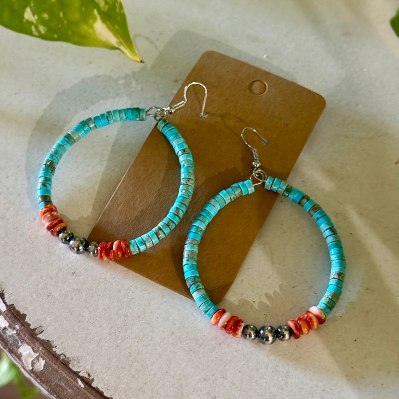 Turquoise, Spiny Oyster &amp; Sterling Silver Vibrant Hoops