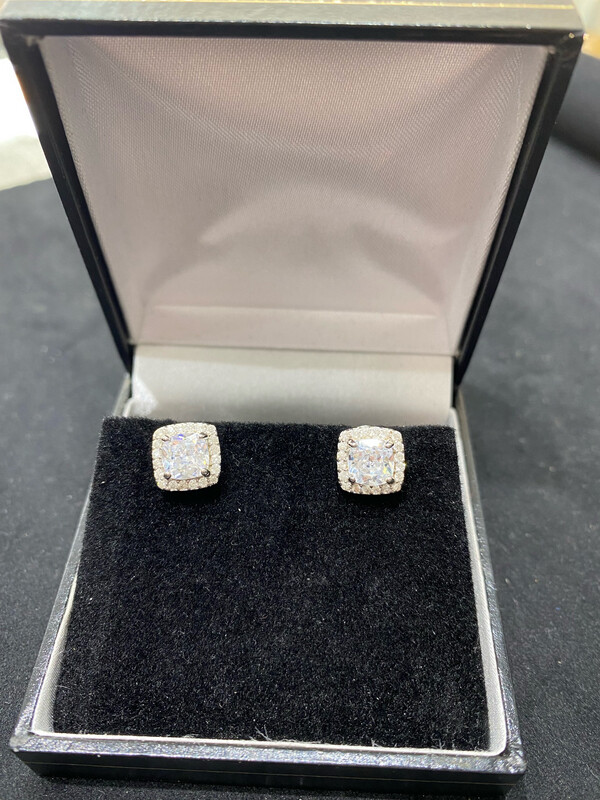 Asher Shape Halo Surround Silver Earrings