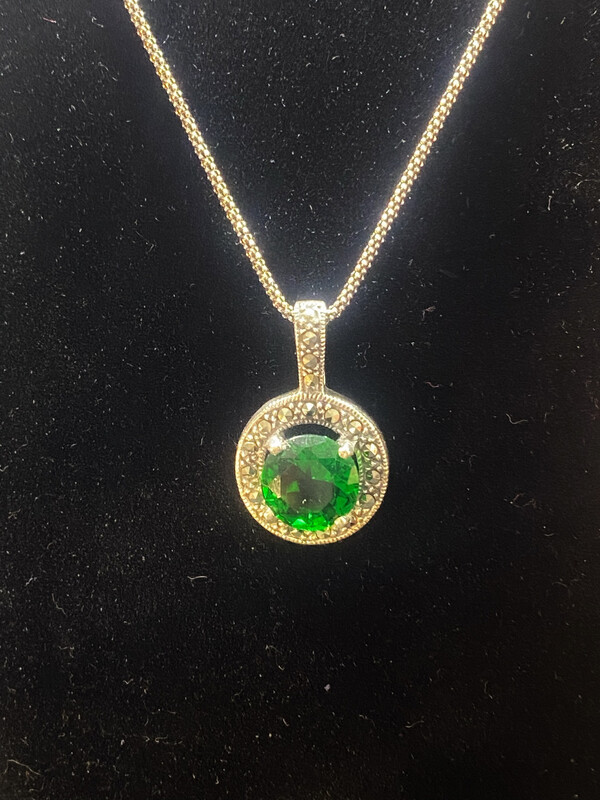 Marcasite Necklace With Cz Green Stone