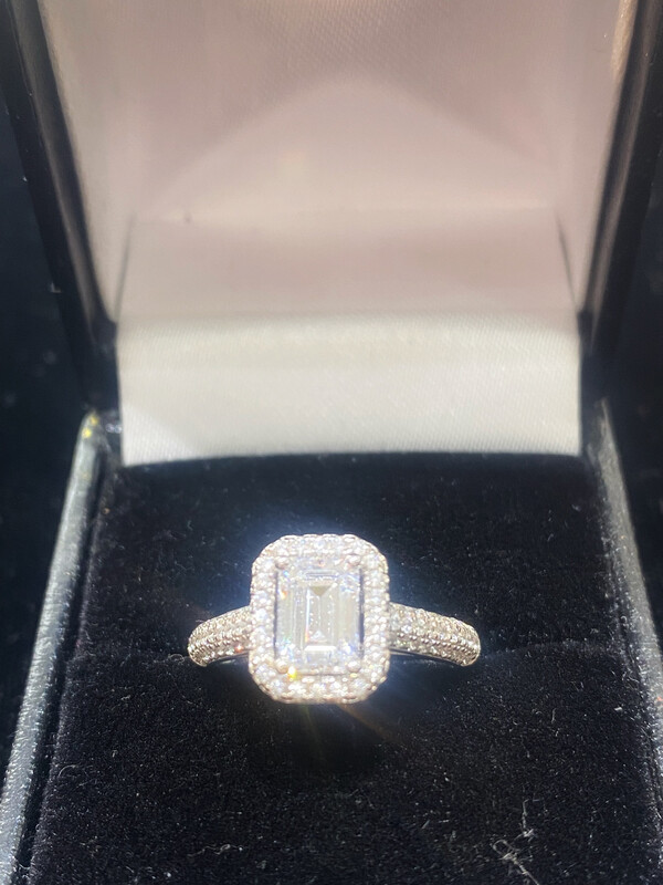 Swarovski Zirconia Halo Set Emerald Cut Silver Ring