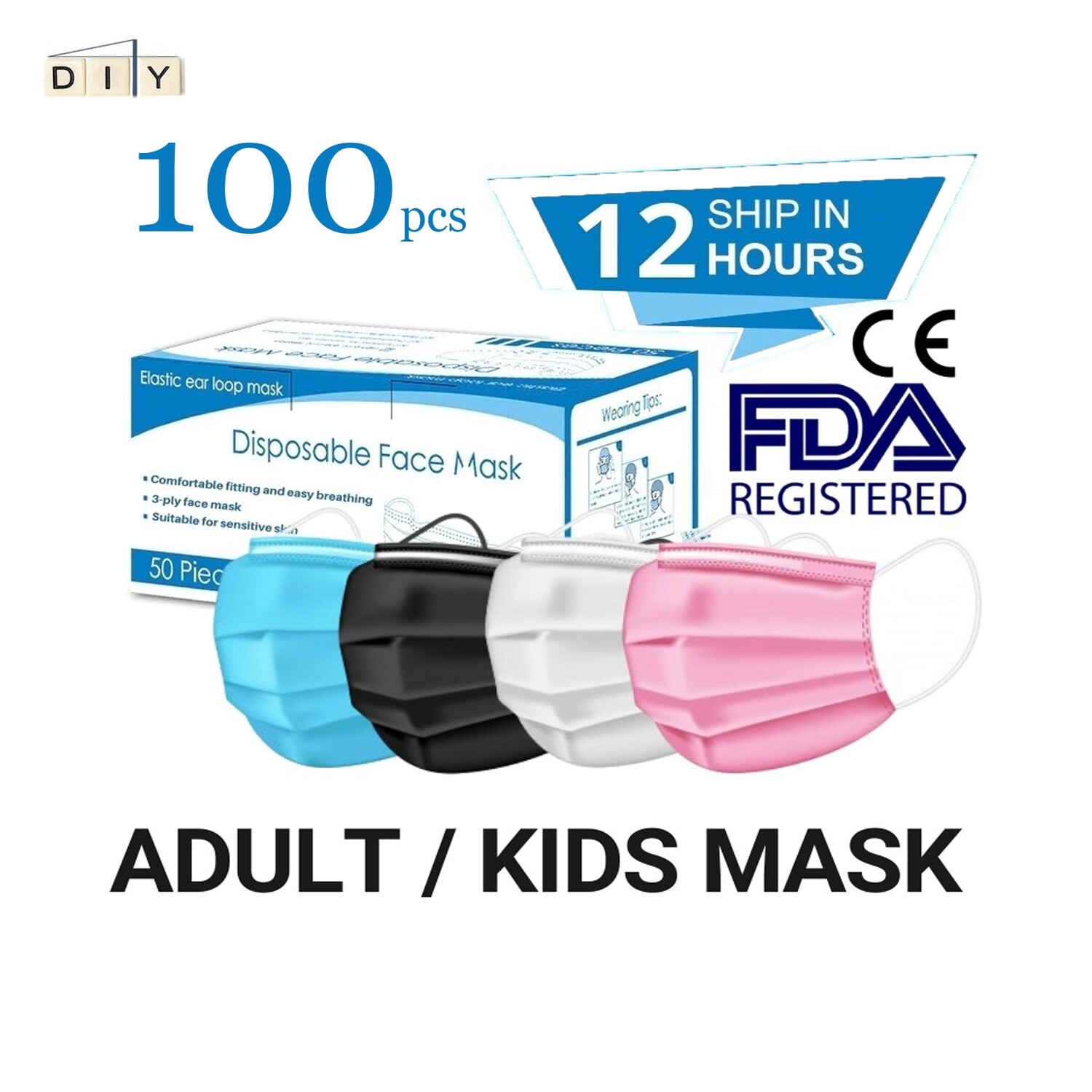 100 pcs 3 PLY Disposable Face Masks Adult Fast Shipping, face mask, facial mask, black mask