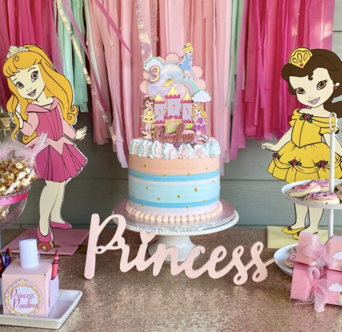 Princess Cake Topper, Baby Princess's birthday, Disney Theme, Disney Princess Birthday, Disney Land, Rainbow, Birthday Decorations, Pastel