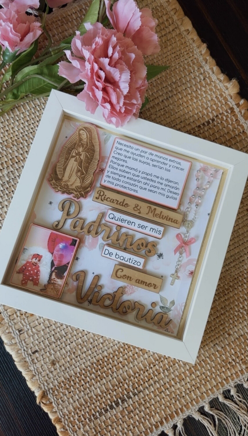 Baptism Proposal Shadow Box, Flower Shadow Box, Catholic Gift, Cuadro para Propuesta de Bautismo