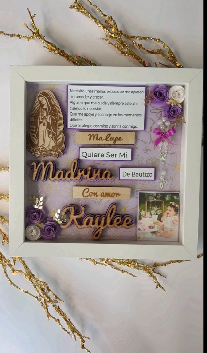 Baptism Proposal Shadow Box, Flower Shadow Box, Catholic Gift, Cuadro para Propuesta de Bautismo