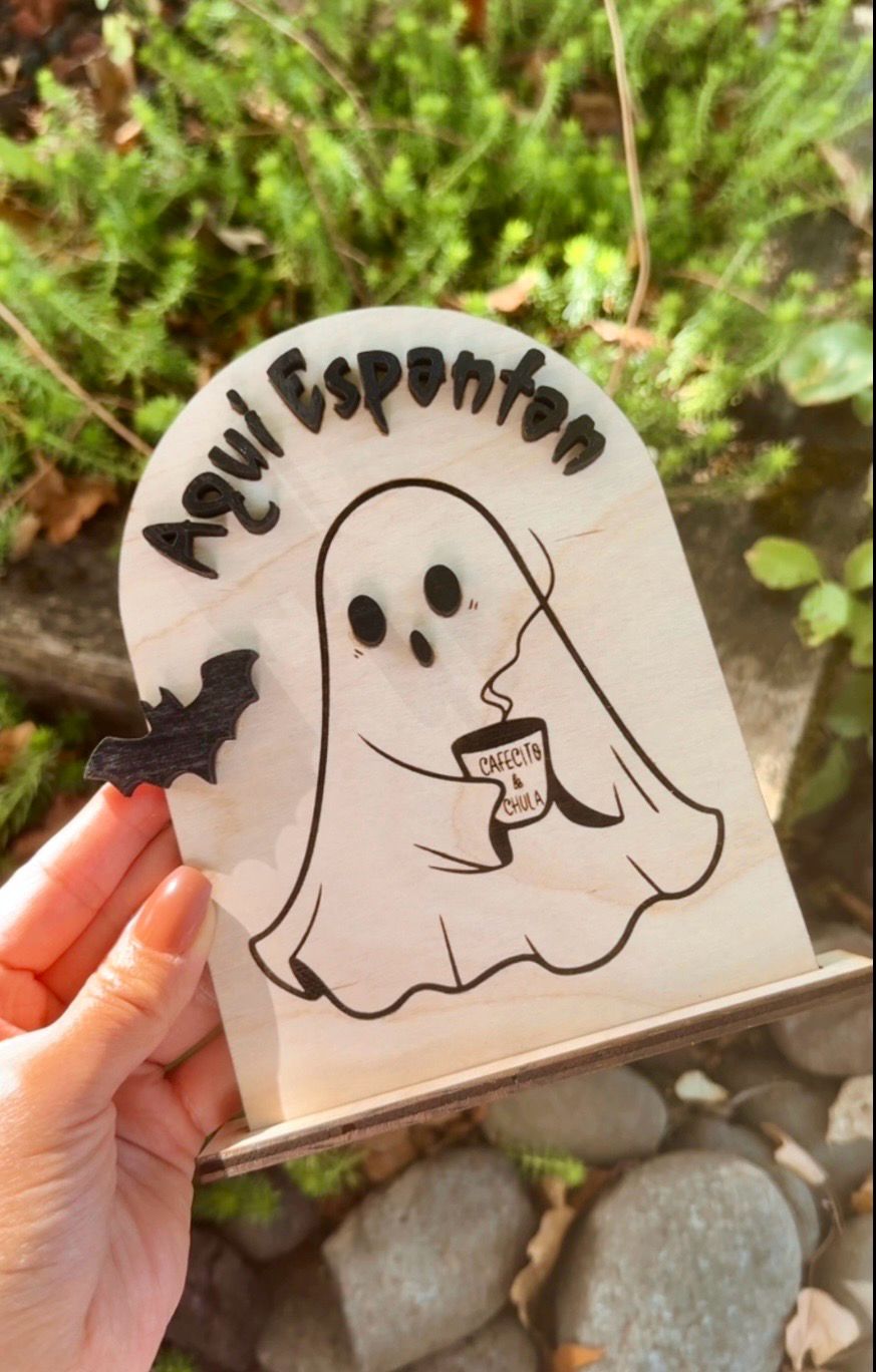 Cute Ghost Decor, Spanish Signs, Halloween Decor, Dia De Los Muertos, Talavera Art, Cafecito y Chisme, Mexico Art, Coffee Bar,
