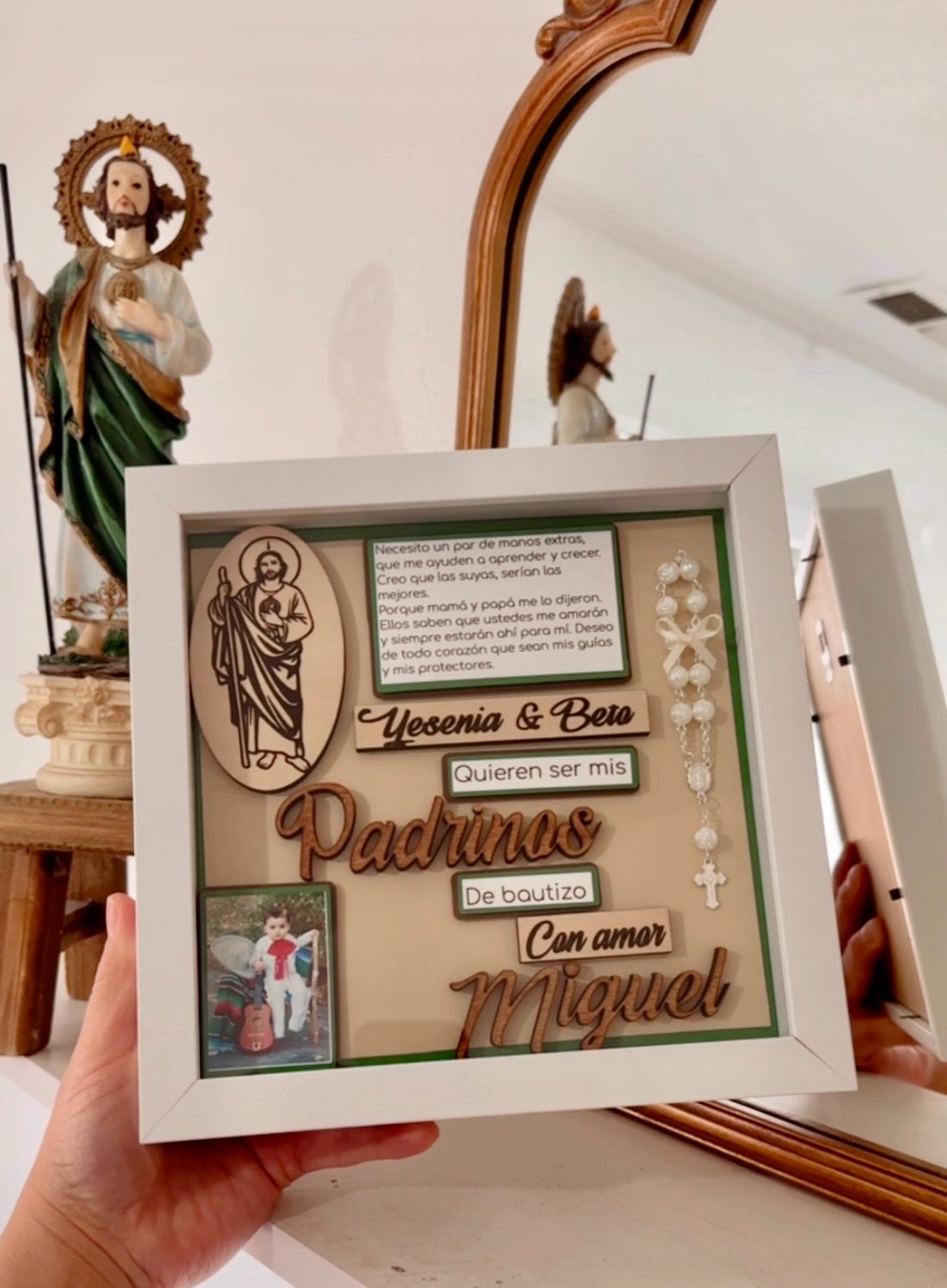 San Judas Tadeo, Baptism Proposal Shadow Box, Boys Shadow Box, Catholic Gift, Cuadro para Padrinos de Bautizo, Rosario
