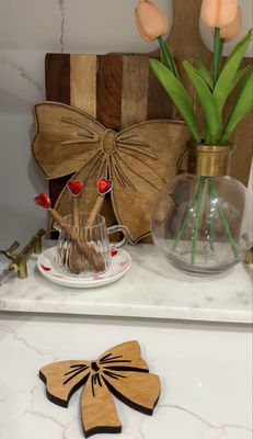 Bow Wood Board, Valentines Kitchen Decor, Charcuterie Board, Galentines, Coffee Shop