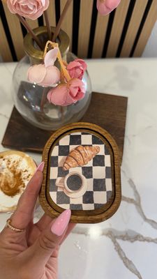 Checkered Coffee and Croissan, Coffee Art Checkered Print, Aesthetic Kitchen