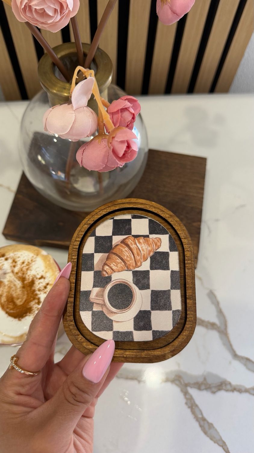 Checkered Coffee and Croissan, Coffee Art Checkered Print, Aesthetic Kitchen