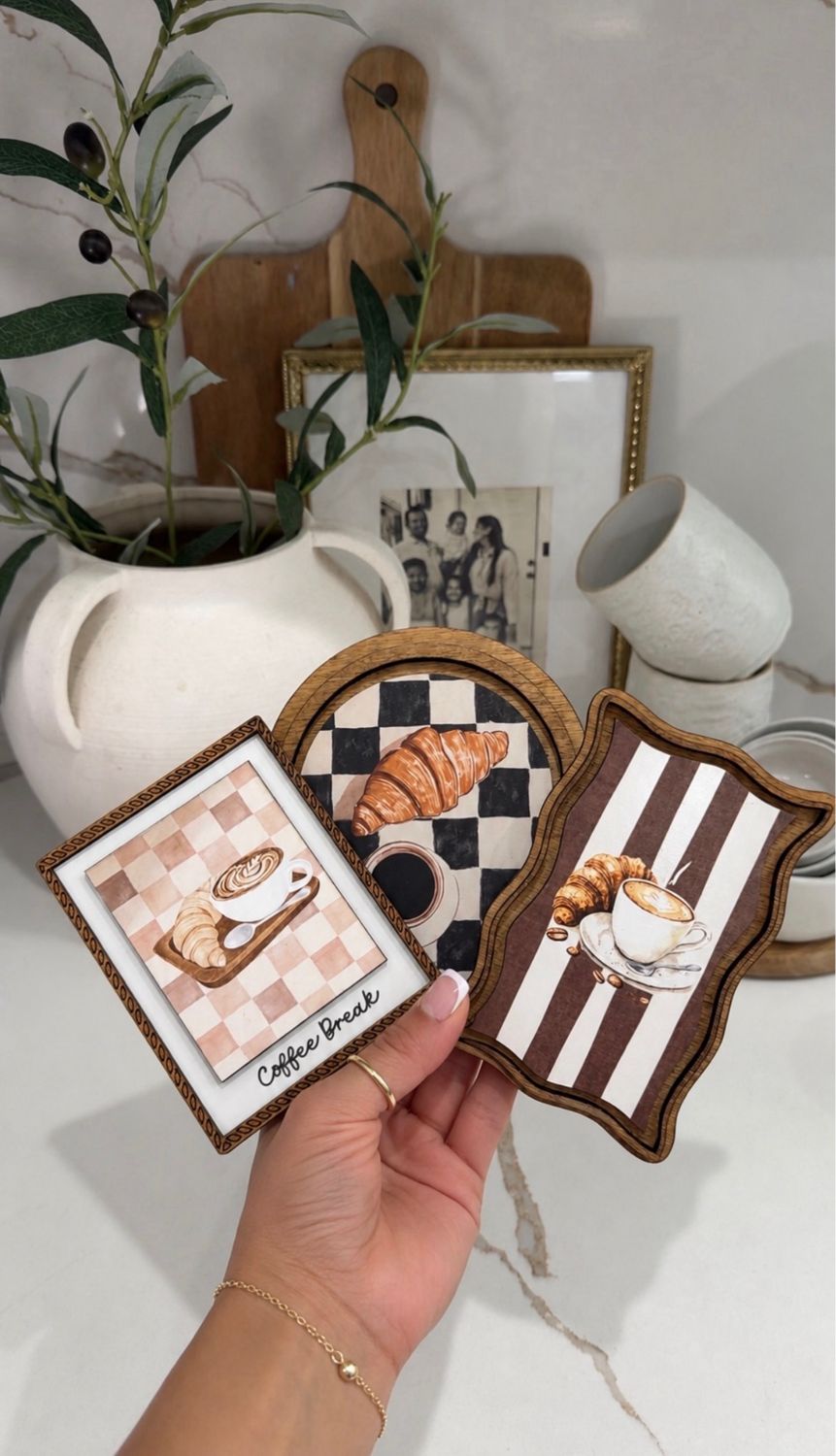 Checkered Coffee and Croissant, Coffee Art Checkered Print, Aesthetic Kitchen