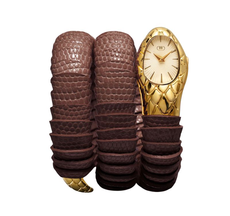 WINTEX MILANO OROLOGIO SERPENTE CASSA IN ACCIAIO GIALLO, PELLE STAMPA LUCERTOLA MARRONE