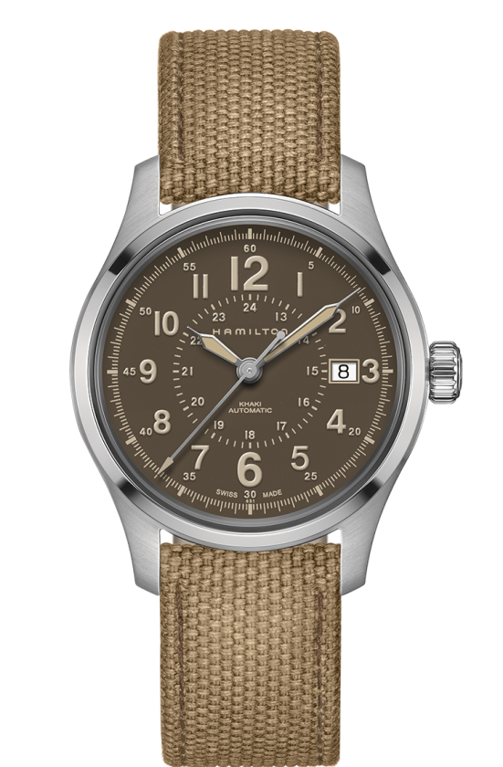 HAMILTON - KHAKI FIELD AUTO MARRONE 40mm CINTURINO CANVAS E PELLE