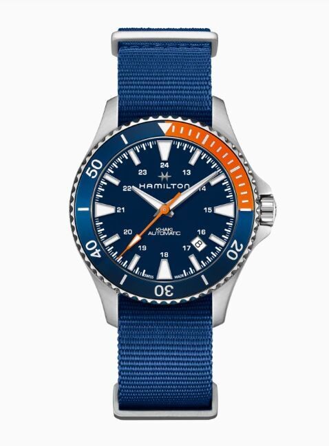 HAMILTON - KHAKI NAVY SCUBA BLACK&ORANGE NATO AUTO 40MM CINTURINO NERO E BLU HAMILTON - KHAKI NAVY SCUBA BLACK&ORANGE NATO AUTO 40MM CINTURINO NERO E BLU