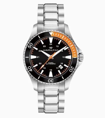HAMILTON - KHAKI NAVY SCUBA BLACK&ORANGE AUTO 44MM CINTURINO IN ACCAIO HAMILTON - KHAKI NAVY SCUBA BLACK&ORANGE AUTO 44MM CINTURINO IN ACCAIO