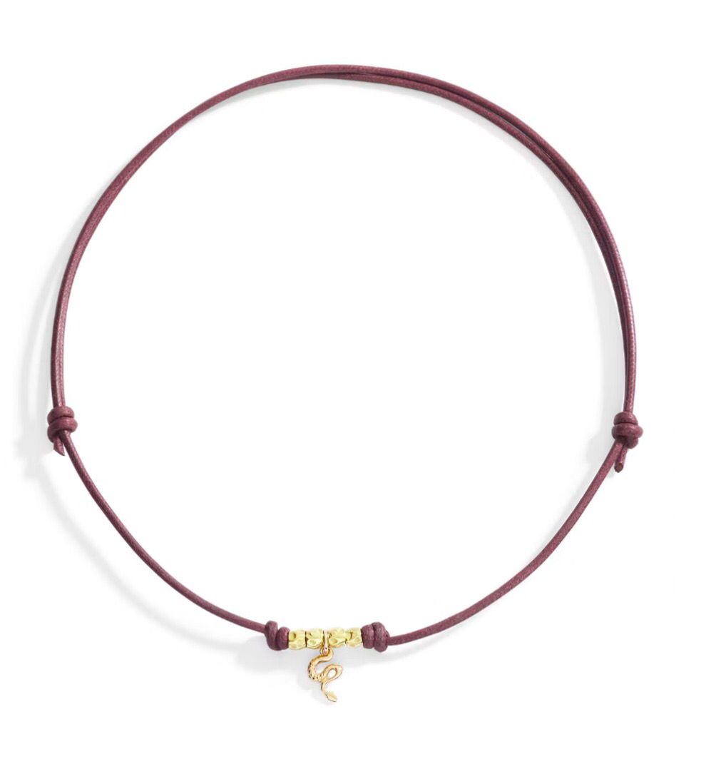 DODO COLLANA CORDINO MARRONE CHARM SERPENTE E GRANELLI ORO GIALLO