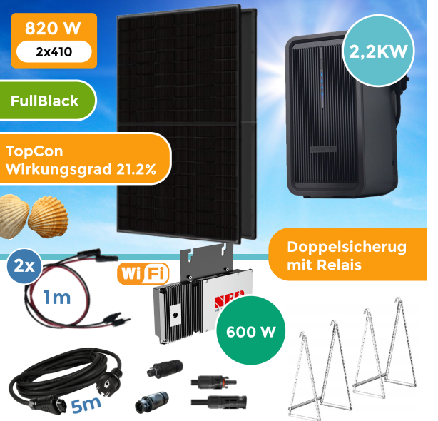 Balkonkraftwerk Komplettset 820Watt mit 2.2 kW Speicher