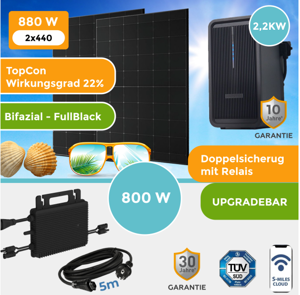 Balkonkraftwerk 880Watt mit HMS 800W Wechselrichter und 2.2 kW Speicher