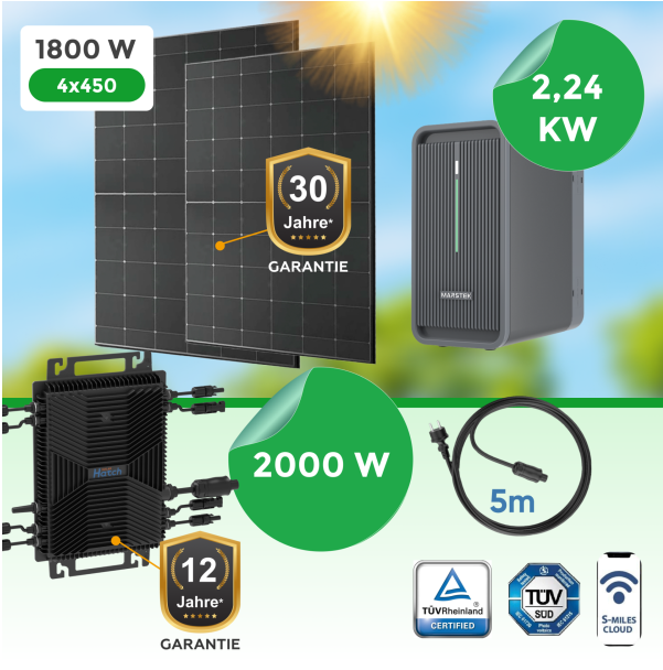 Balkonkraftwerk 1800Watt mit 2000W Wechselrichter und 2,24 kW Speicher