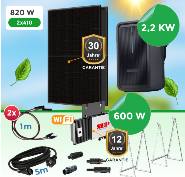 Balkonkraftwerk Komplettset 820Watt mit 2.2 kW Speicher