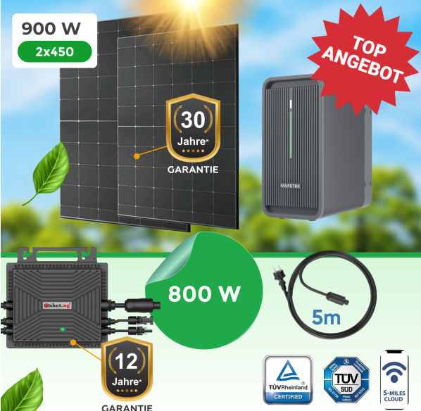 Balkonkraftwerk 900Watt, 800W Wechselrichter und 2,24 kW Speicher