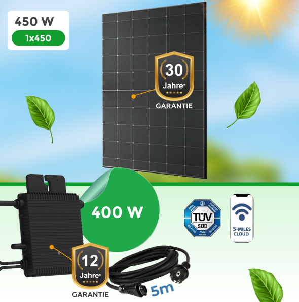 Balkonkraftwerk 450Watt mit Hoymiles HM 400W Wechselrichter