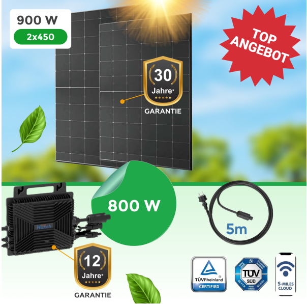 Balkonkraftwerk 900Watt mit 800W Wechselrichter
