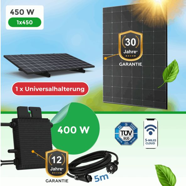 Balkonkraftwerk 450Watt mit Hoymiles HM 400W Wechselrichter inkl. Universalhalterung