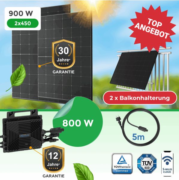 Balkonkraftwerk 900 Watt mit 800W WiFi Wechselrichter und Balkonhalterung – Komplettset – inkl. Balkonhalterung