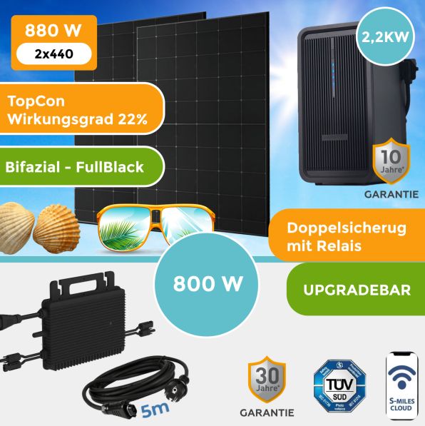 Balkonkraftwerk 900Watt mit 800W Wechselrichter und 2,24 kW Speicher