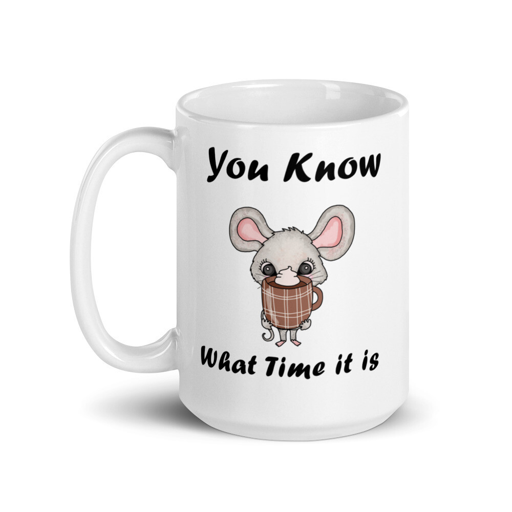 Front view of Sweet Moments hot chocolate 15 oz. mug featuring an adorable mouse holding a large cup of hot chocolate. The mug is ceramic and has a glossy finish.