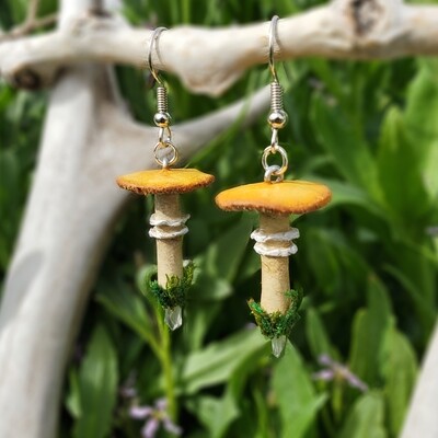 Mini Quartz & Sculpted Mushroom Earrings w/ Preserved Moss