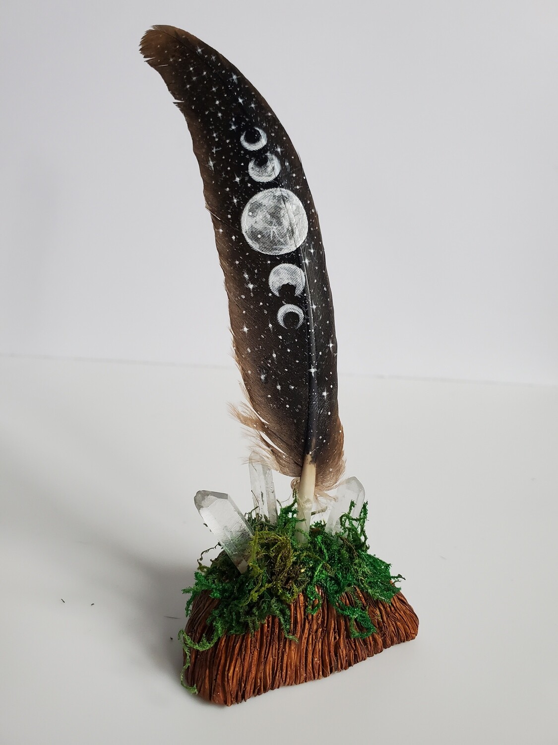 Painted Moon Feather w/Quartz & Moss Stand