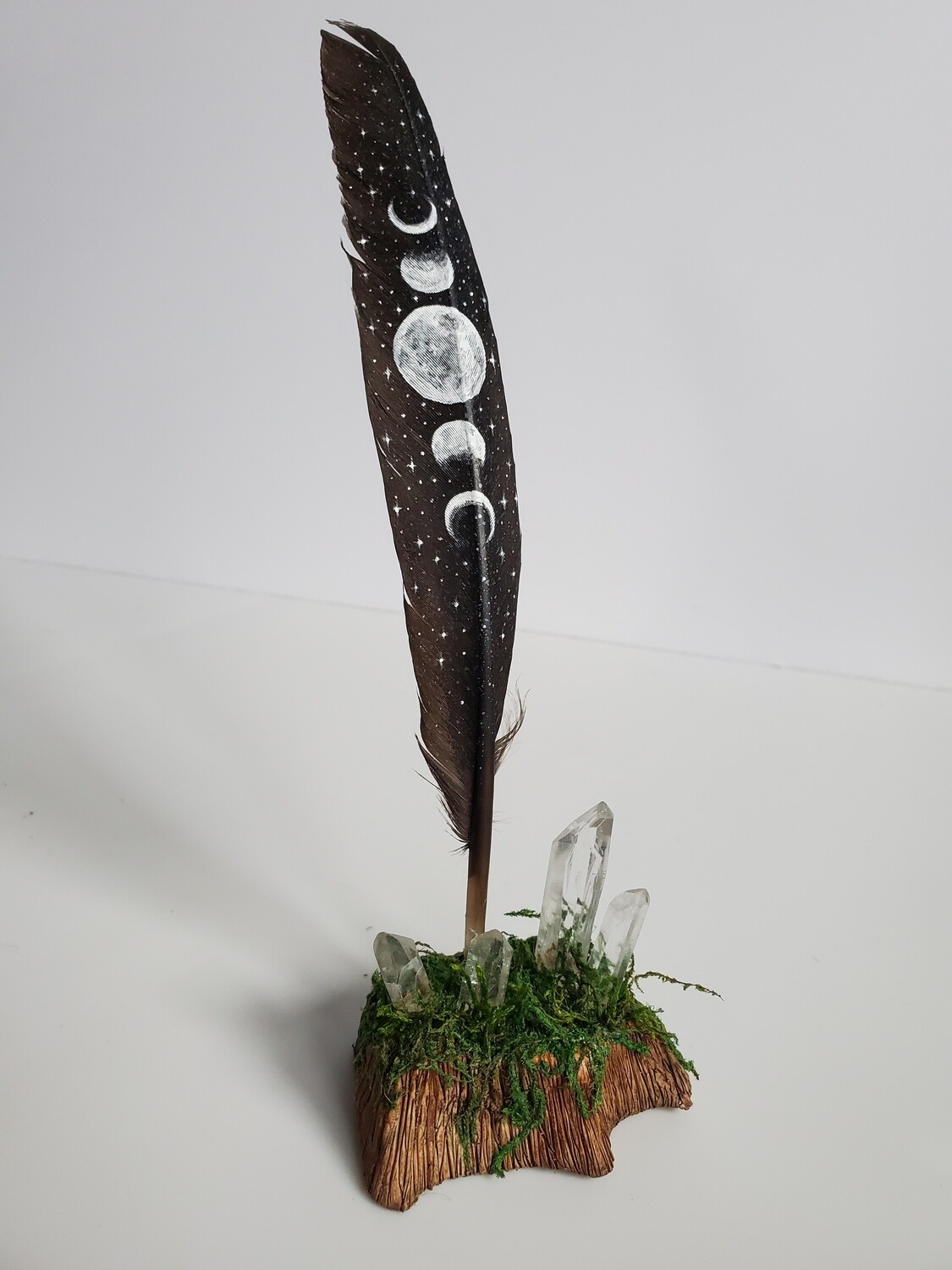 Painted Moon Feather w/Quartz & Moss Stand